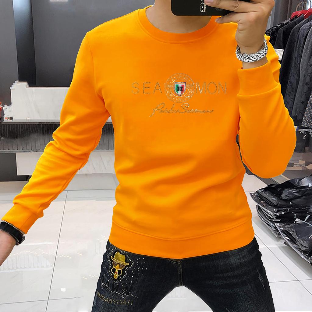 Stylish Rhinestone Men's Long Sleeve Round Neck Shirt - Comfortable, Versatile, Velvet-Thickened for Autumn and Winter.
