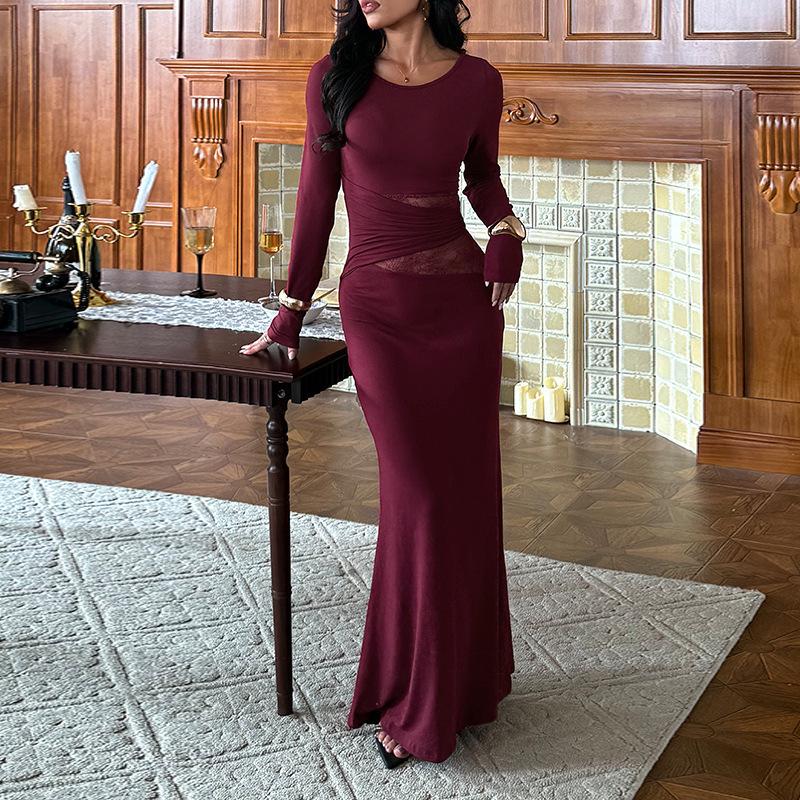 European Style Women s Lace Patchwork Bodycon Dress, Round Neck, Long Sleeve, Slimming Fit, 2026 Winter Collection Large вино красного