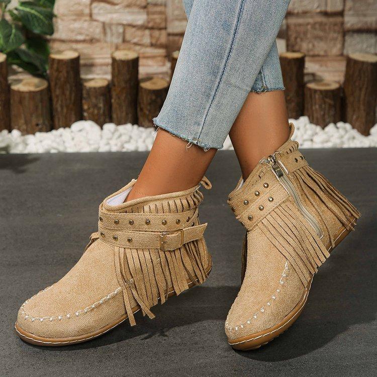 Large Size Rivet Tassel Metal Buckle with Short Tube Cigarette Boots Autumn and Winter New Flat-bottomed Warm Women's Boots