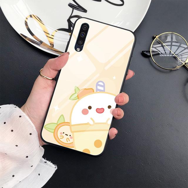 Cartoon Cute Milk Tea Case For Samsung Galaxy A52 A70 A71 A73 A53 A13 5g A03 A72 A22 A21s A03 Core A42 Tempered Glass Cover
