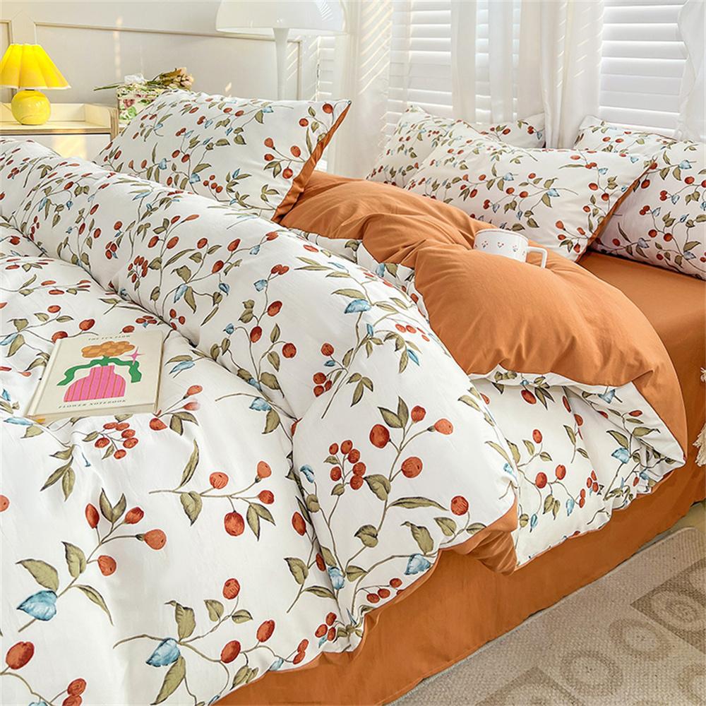 Four-piece Bedding Set Simple Duvet Cover Plant Flower Bed Sheet Adults and Kids Washed Cotton Pillowcase Home Textiles
