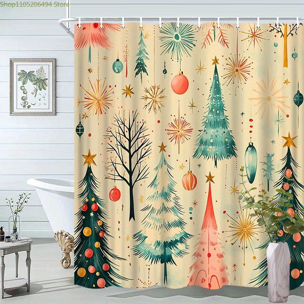 1pc Vintage Christmas Shower Curtain with 12 Hooks - Large 70. 8x70. 8 Inch Holiday Bathroom Decor, Colorful Ornament & Tree D