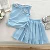 Girls Summer Preppy Bow Shirt And Pleated Skirt Set Fashionable Vest Dress Two Piece Outfit For Kids