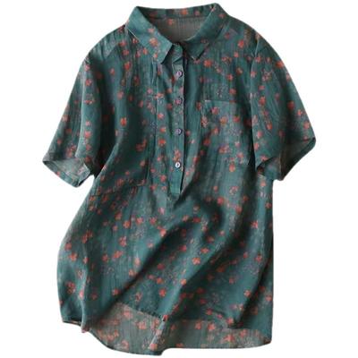 Summer Short Sleeve Shirts Women Lapel Floral Print Cotton Linen Blouse Ladies Pocket Shirt