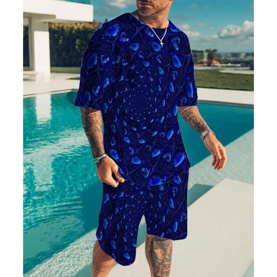 2024 New Men's Round Neck T-shirt Set Printing Optical Illusion Pattern T-shirt Two Piece Set Fashion Men's Summer T-shirt Set