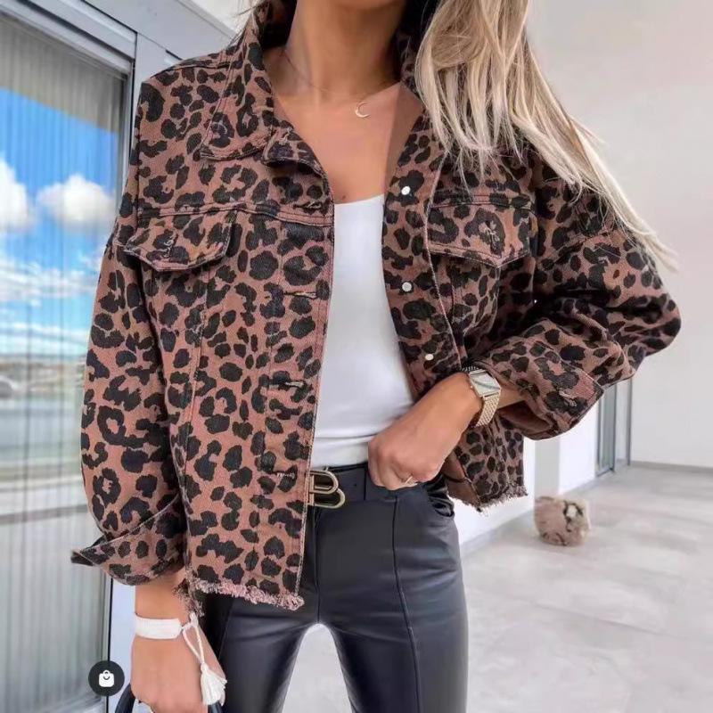 

2024 Leopard Print Long Sleeve Denim Jacket Extra Large леопард друку кольору