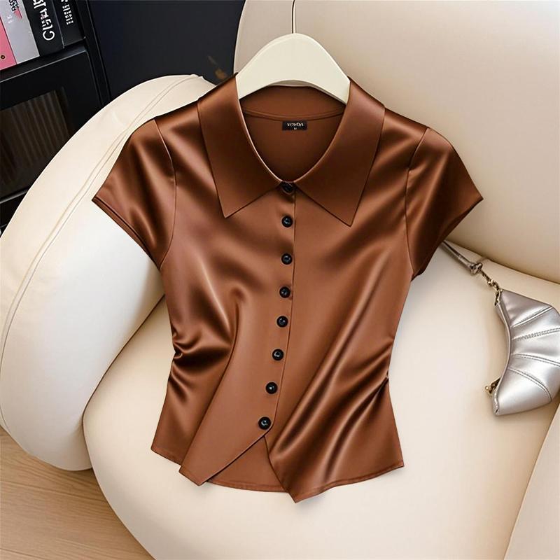 

VONDA Женская блузка с лацканами, коротким рукавом, атласная, приталенная, повседневная L коричневый