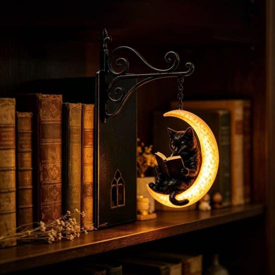Decorative Metal Bookends for Shelves Gothic with Hanging Light, Cat Raven Ghost Unique Study Room Accessories Bookshelf Lamp, Vintage Church