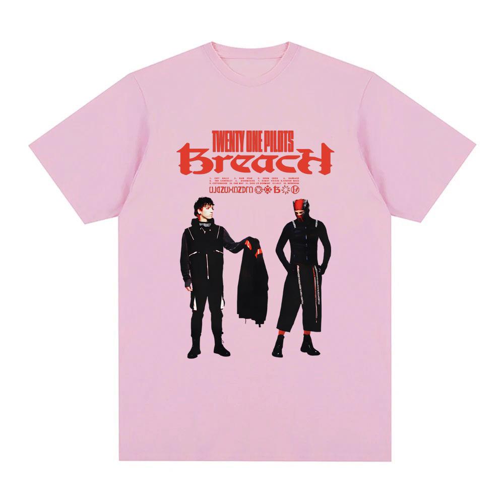 Trendy discount Twenty One Pilots- BREACH T-shirt 2025nieuw Korte Mouw Zanger Zelfde Stijl T-shirt Grafische Print Hoge Kwaliteit Zomer T-shirt S roze