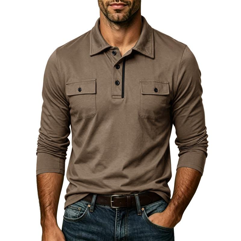 Men Long Sleeve Pocket Lapel Collar Casual Polo Shirt Outdoor Leisure Mens Top
