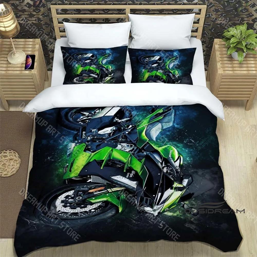 Set Biancheria da Letto Stampa Retro 3D Logo Moto K-Kawasaki Set Biancheria da Letto Elegante Copripiumino Coperta Trapuntata Letto Regalo di Compleanno di Lusso