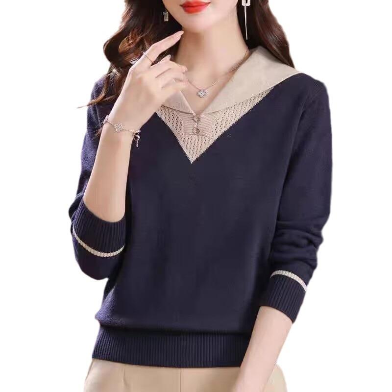 Autumn and winter new fashionable versatile age-reducing thin lapel with long-sleeved knitted pullover sweater for women