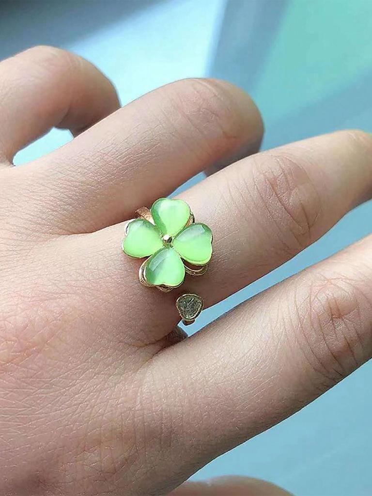 Green Cat's Eye Stone Rotatable Four-Leaf Clover Ring Valentines,Mom,Mother,Mother's Day,Gift