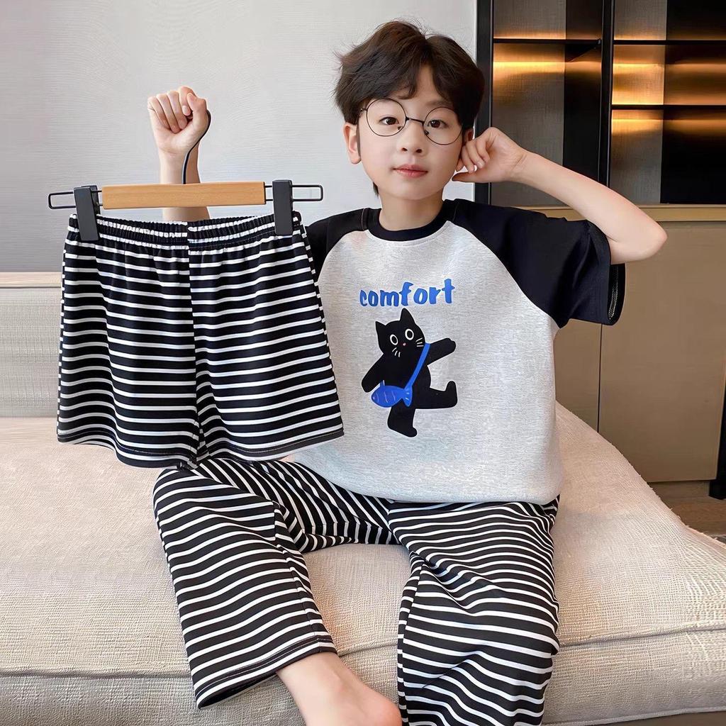 Children's Summer Pajama Set: 3-Piece Short-Sleeve Top, Long Pants, Boys' Medium & Large Air Conditioning Suit