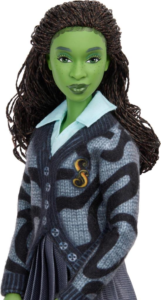 Mattel Universal Wicked Elphaba Fashion Doll Green Braided Black Removable School Uniform & Accessories Skin, Hair, Articulated,