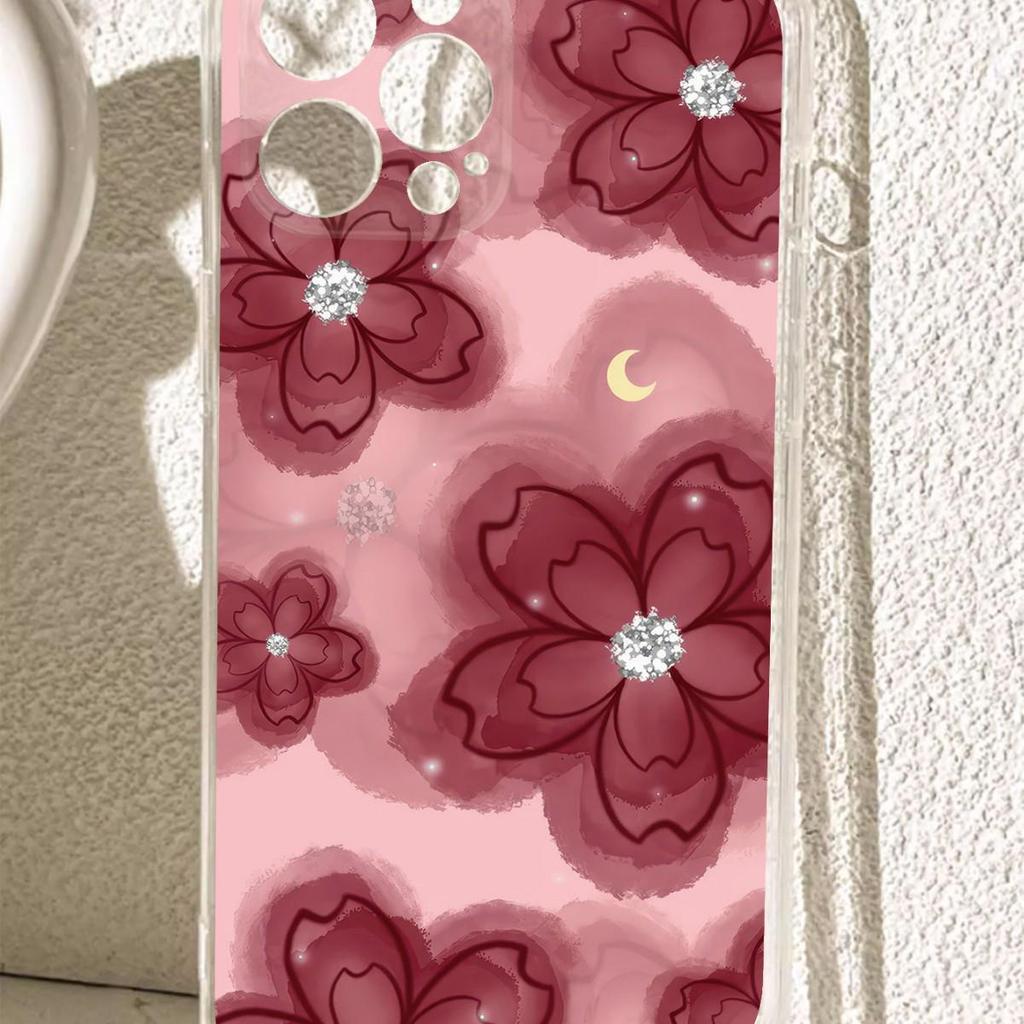 Red Bean Flower Anti-Fall Transparent Case for iPhone 14/15/16/17 Pro Max Series