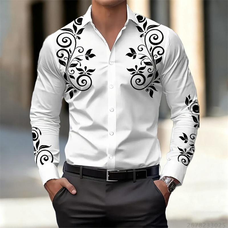Men's Retro Art Pattern Long Sleeve Shirt Fashion Slim Lapel Personalized Print Shirt Multiple Colors Optional Men's Tops