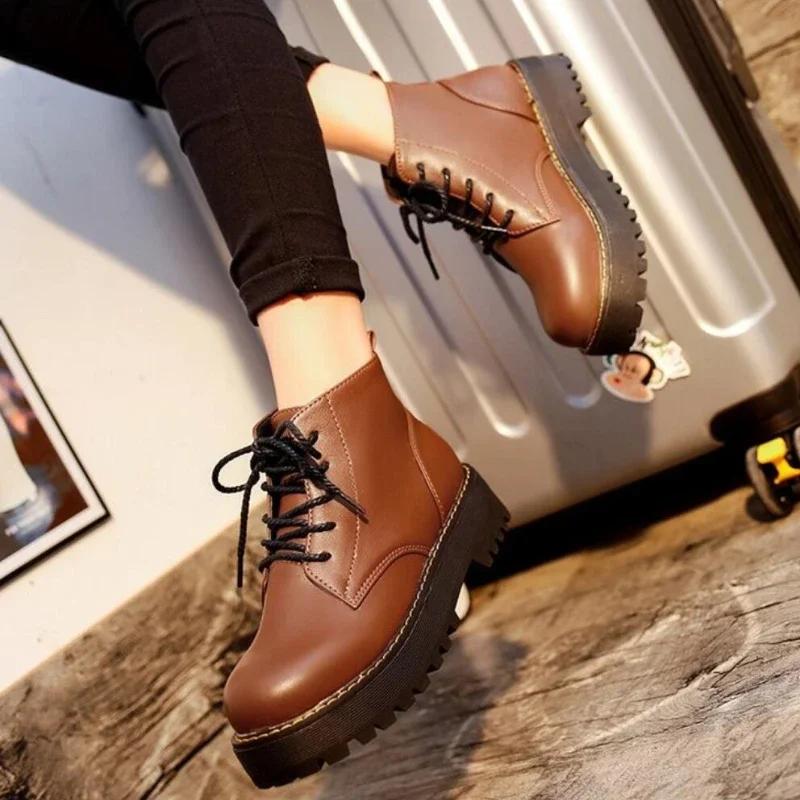 Autumn Winter Women Ankle Boots Platform Lace Up Casual Shoes Woman Retro Oxfords Female Waterproof Goth Thick Boots Footwe