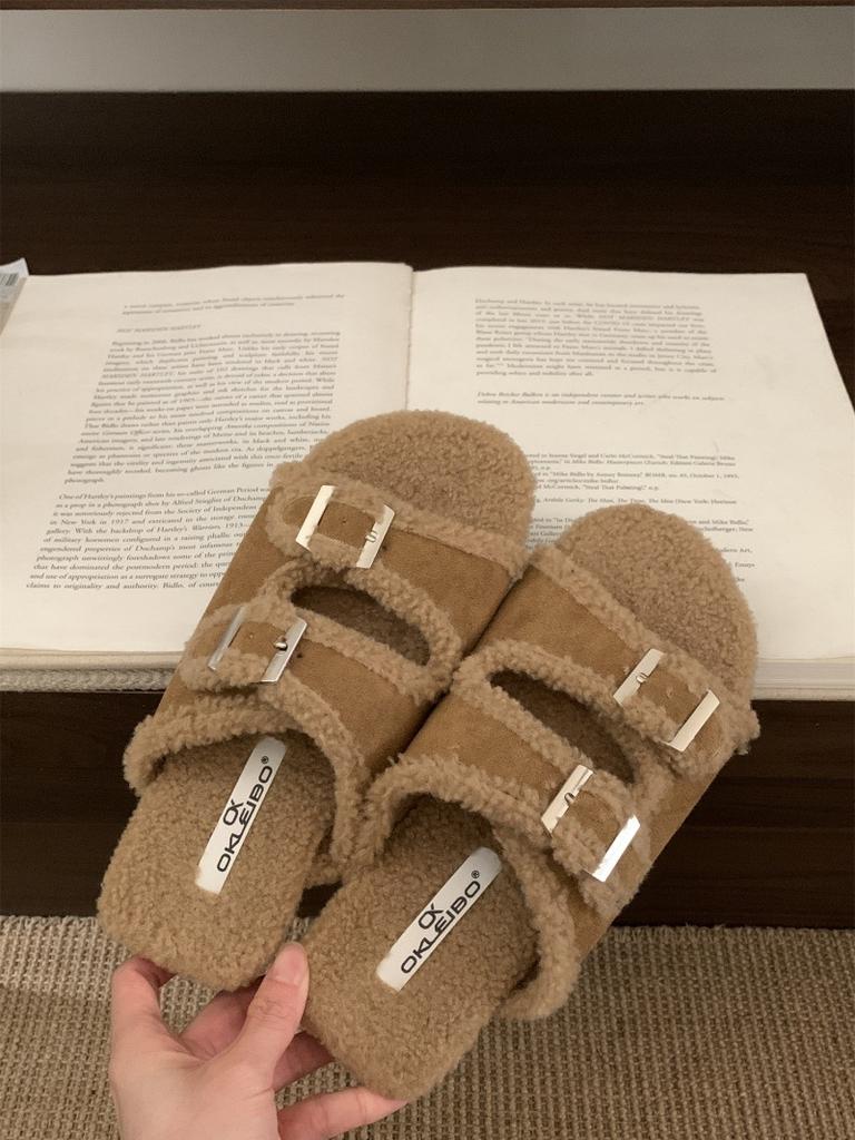 Belt buckle retro fluffy slippers for women's outer wear 2025 new autumn and winter indoor flat-bottomed velvet thermal cotton slippers