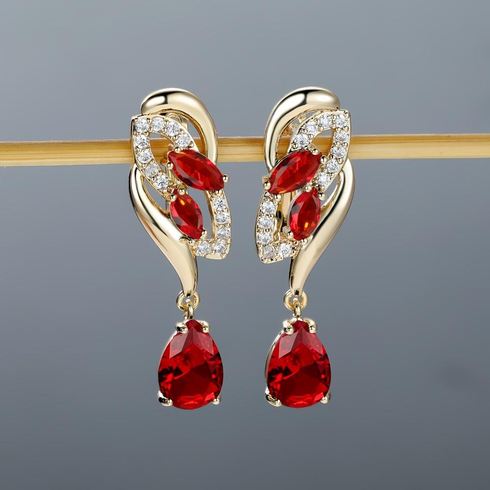 Romantic Flower Dangle Earrings | Golden-Tone Floral Design with Red - Elegant Party & Everyday Jewelry Gifts for Women