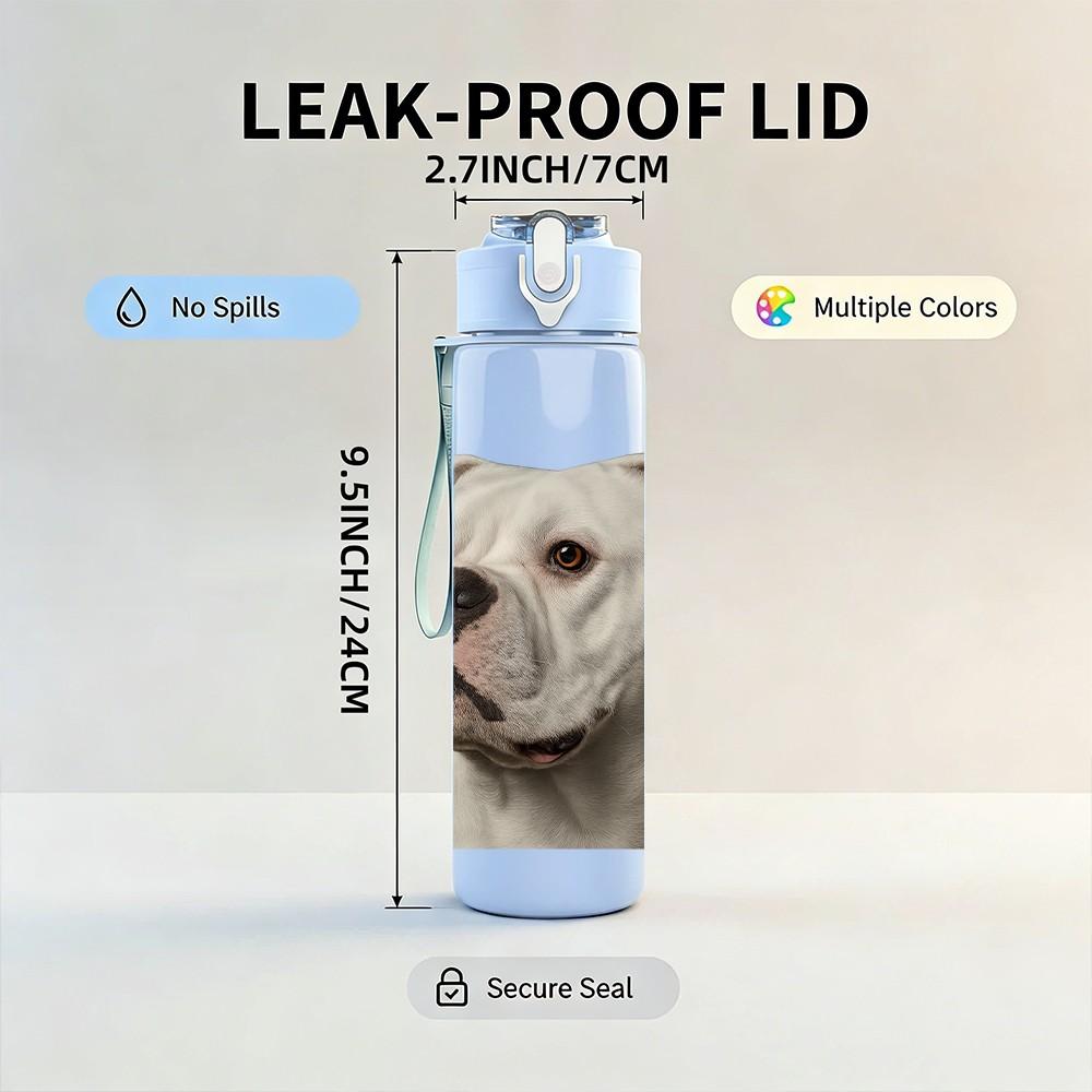 1PC Strong White Bulldog Face 750ml Color Plastic Sports Water Bottle Leakproof Flip Straw Lid Suitable for Sports Office Home Use