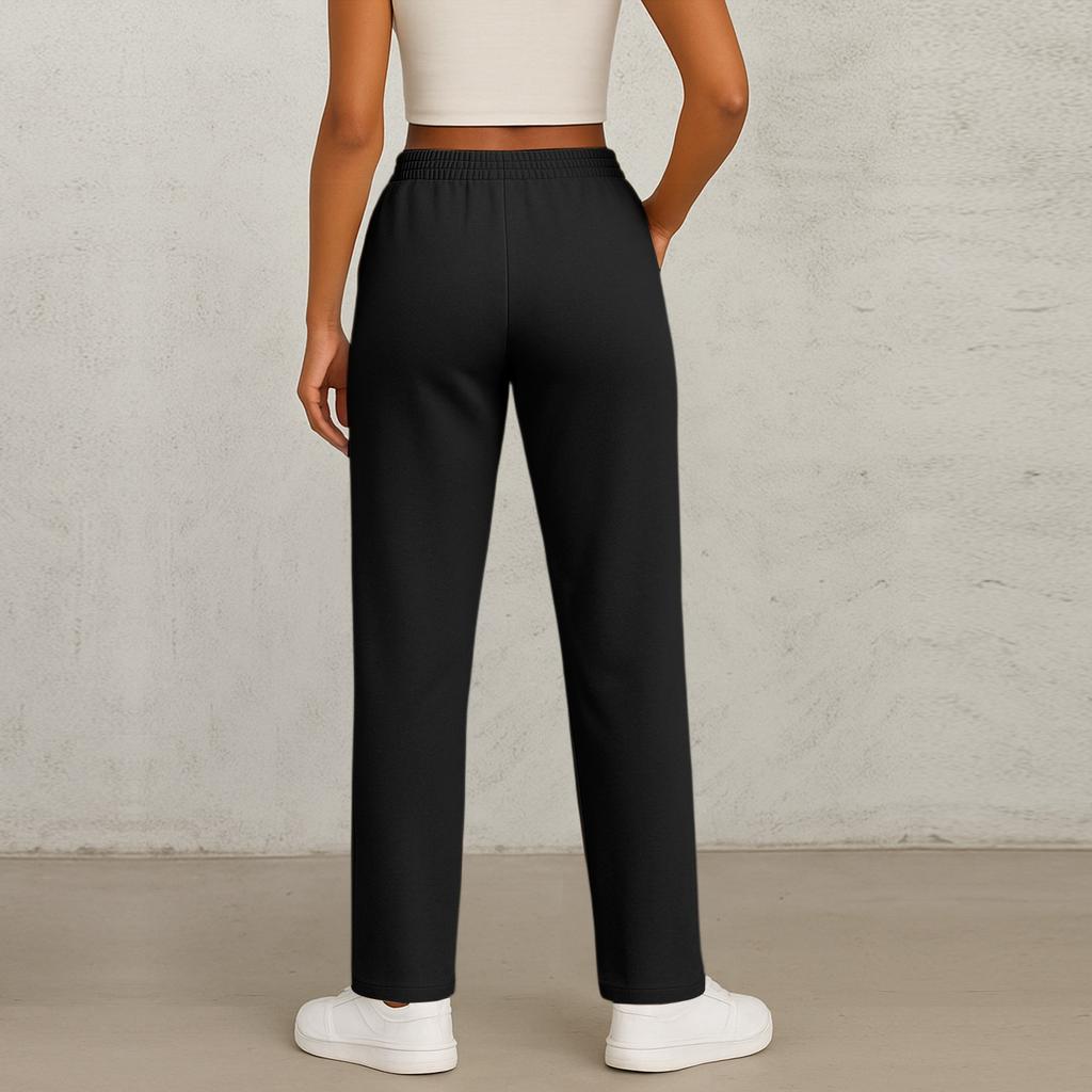 Pantalon droit tendance de couleur pour femme avec taille haute à cordon de serrage, poches et ceinture élastique, pantalon décontracté