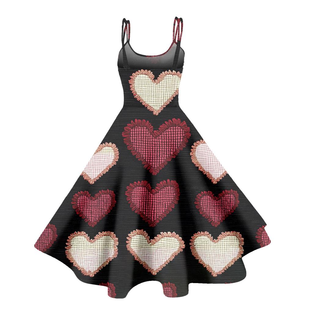 Damen-Kleid mit Valentinstag-Liebesherz-Print, sexy, schulterfrei, Vintage-Kleid