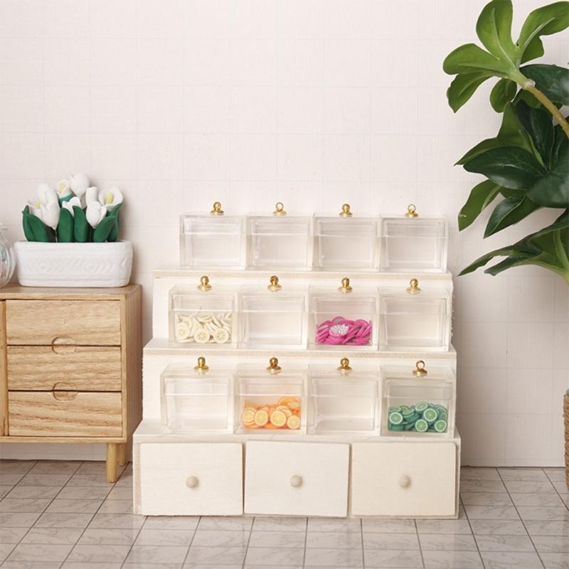 Tiered Display Shelf Wood Tiered Realistic Featured with Functional Drawer for 1/12 Scale Doll House Display Accessories