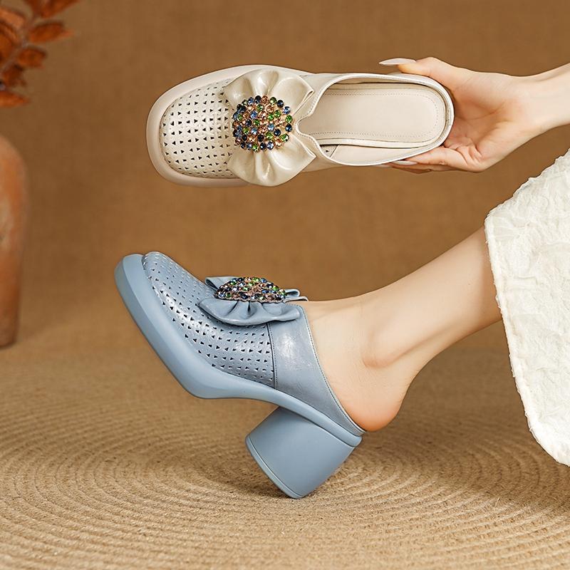 Fashion New Women's Genuine Leather, Cowhide, Rhinestone, Bow, Thick Sole, Thick Heel, High Heel, Hollow Toe, Fashion, M Ü Ller Slippers