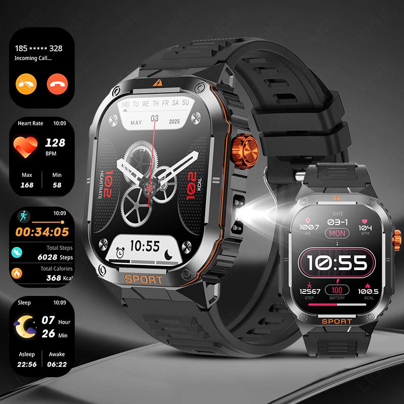 Military Flashlight Smart Watch Waterproof Heart Rate Fitness Sports Call Reminder Smartwatch For IOS Android Phone