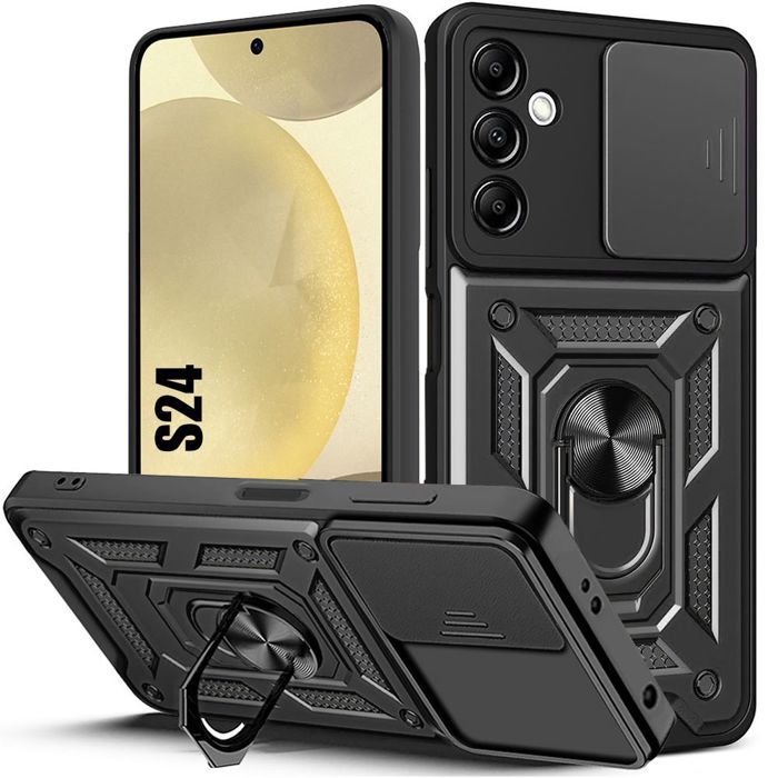Coque de protection - BOOLING - pour Samsung Galaxy S24 - Noir - Anneau rotatif - Protection caméra coulissante