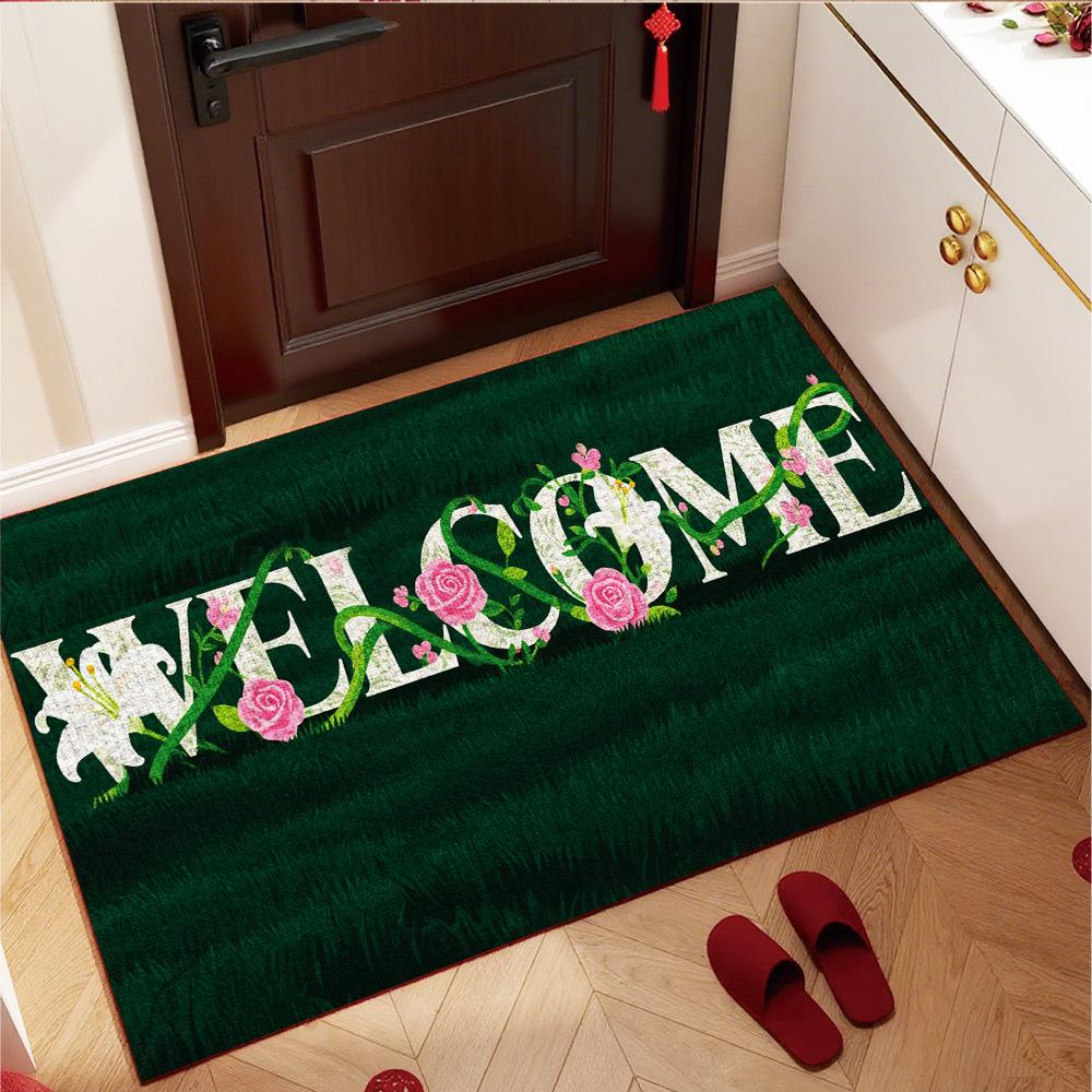 Welcome Floral Doormat Green Grass Pattern Entrance Mat Non-Slip Washable Outdoor Rug for Home Front Door Garden Decor