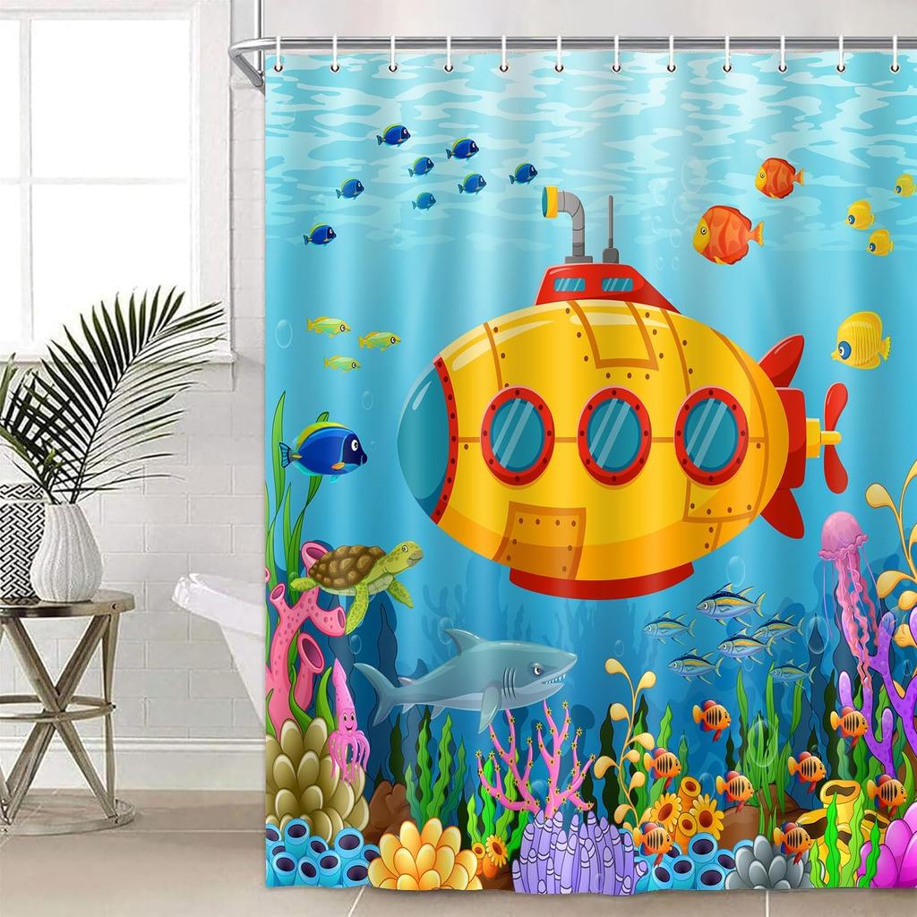 Colorful Cartoon Submarine Shower Curtain – Ocean Life & Fish Design, Fun Underwater Bathroom Decor For Kids 72X72 In