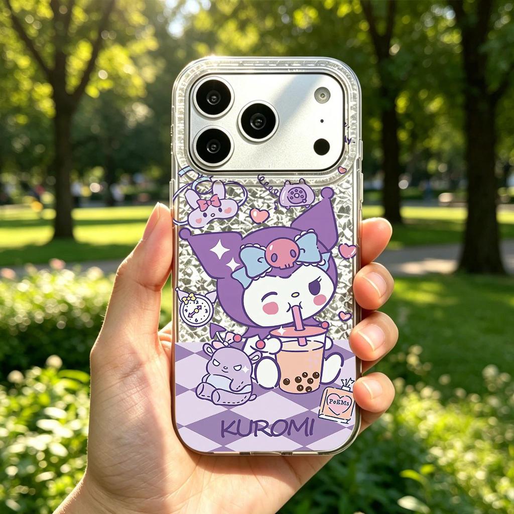 Case for iphone 11 16 Plus XS Max 17 Pro 15 Air 13 18 Pro Max XR 12 14 Kuromi Drinking Milk Tea Sparkle Crackle Foil Acrylic TPU Phone Case