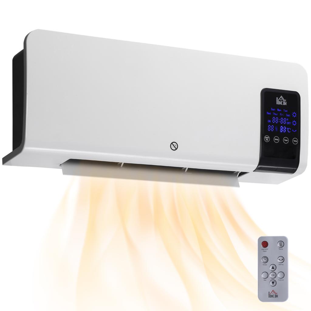 Electric Heater, Wall Mount, Oscillation Function, 2 Modes, Timer, LED Display, White