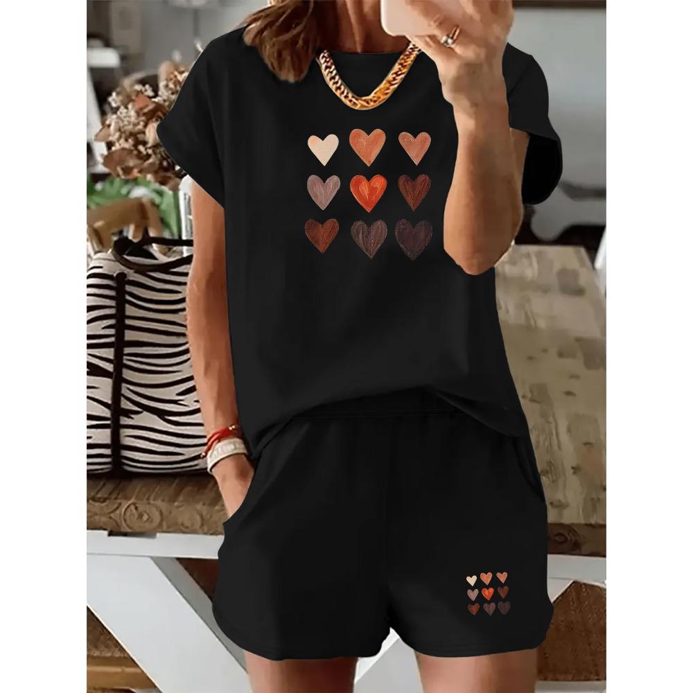 

Spring and Summer Multi-Color Heart-Printed Set, Retro-Style Short-Sleeved T-Shirt and Shorts, Casual Sports Two-Piece Set XL