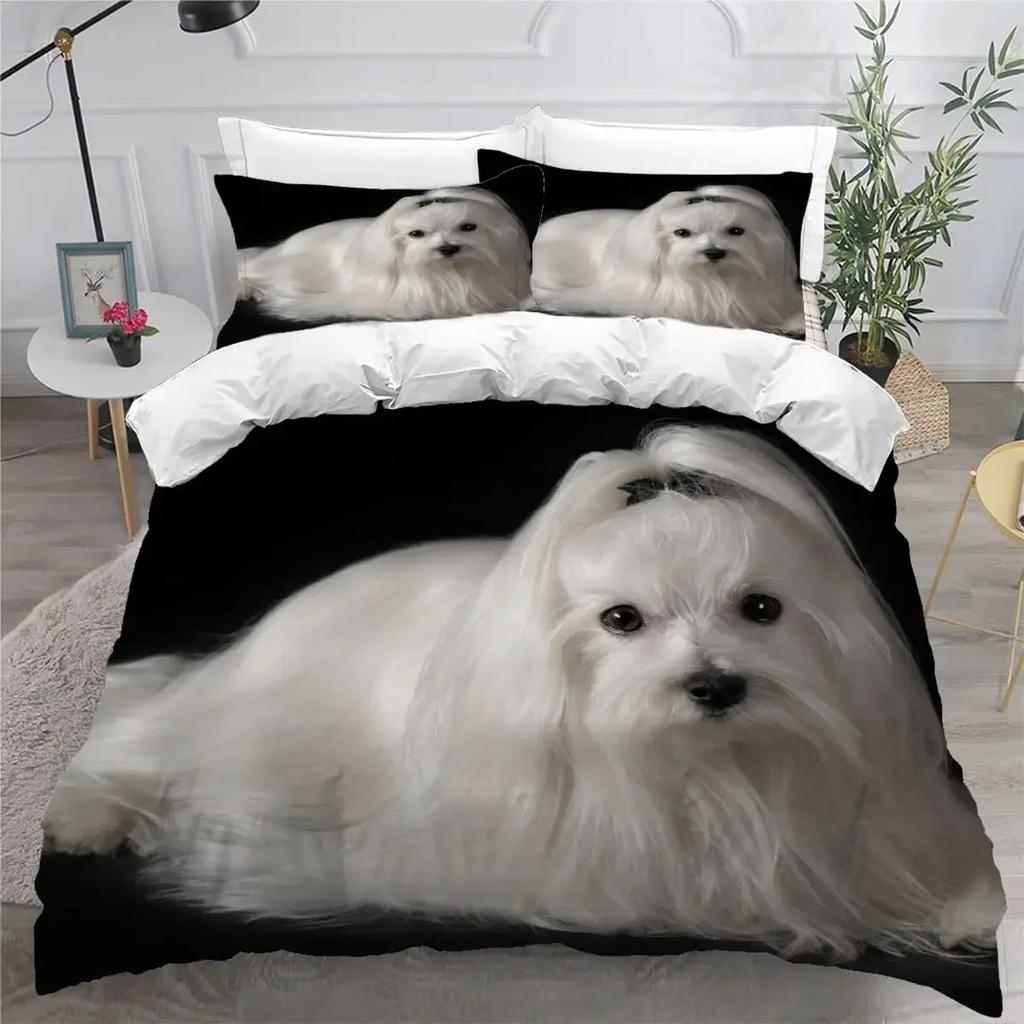 Sött Påslakanset med Maltesisk Hund Husdjur Hundar Tema Sängkläder Mikrofiber Kawaii Djur Täcke Överdrag Twin King För Barn Tonåringar