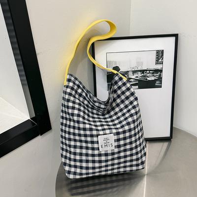 Canvas Bag Women's New Style Casual Contrast Color Plaid One Shoulder Cloth Bag College Student Literary Commuter Tote Bag