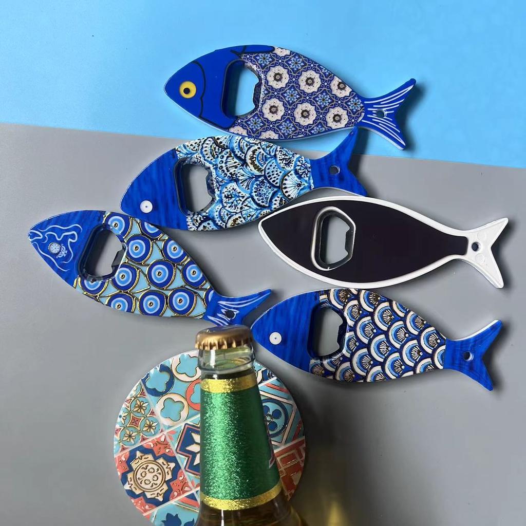 Blue Fish Bottle Opener Fridge Magnet with Blue Eye Foil Embossed Texture Dual Purpose Beer Top Opener Travel Gift For Friend