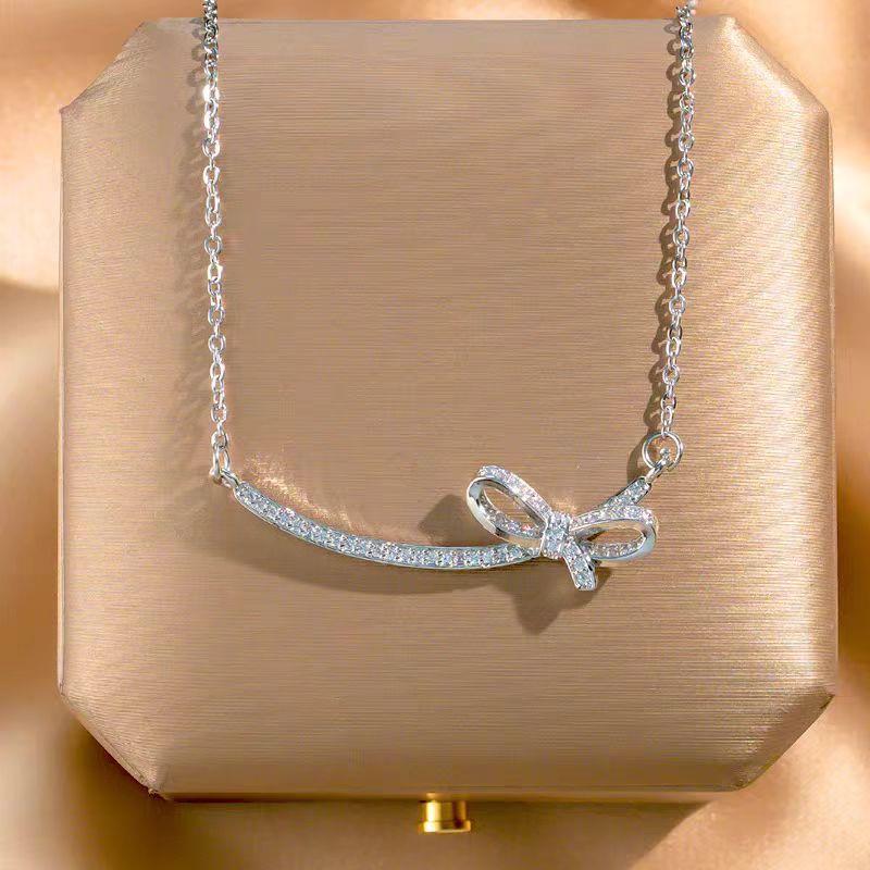 Design Bow Necklace Women'S High Sense Simple Versatile Zircon Pendant Exquisite Collarbone Chain