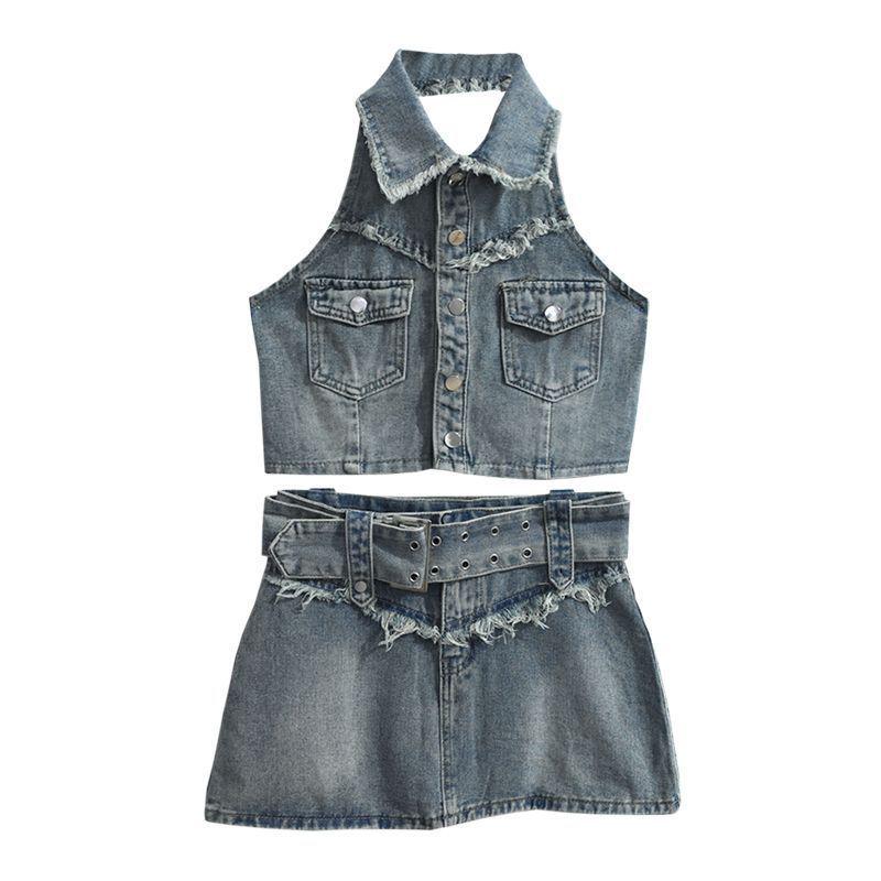 2023 Women's Street Style Halter Crop Top & Mini Skirt Denim Set
