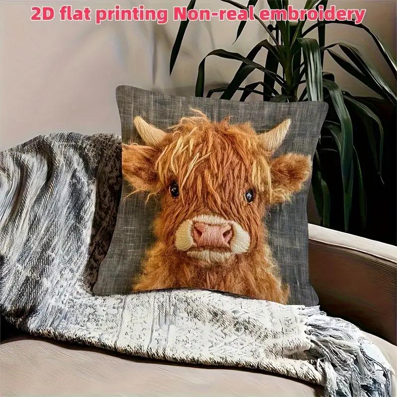 2D Flat Print Ultra Soft Short Plush Highland Cow Cute Decorative Pillow Cover, Non-Embroidered, Polyester Single-Sided Printing, Zipper Closure