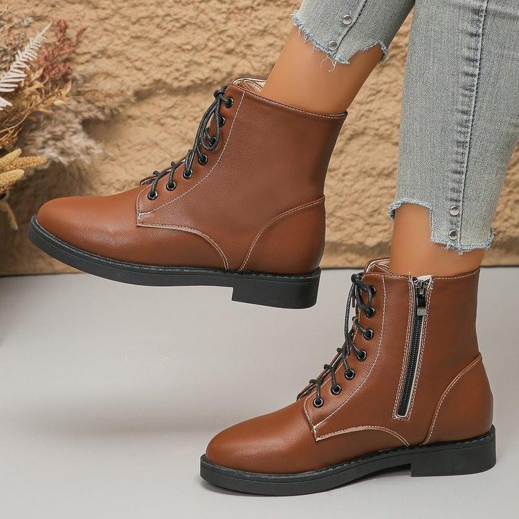 Foreign trade solid color side zipper flat-bottomed leather boots Amazon new British style lace-up short Martin boots women's winter