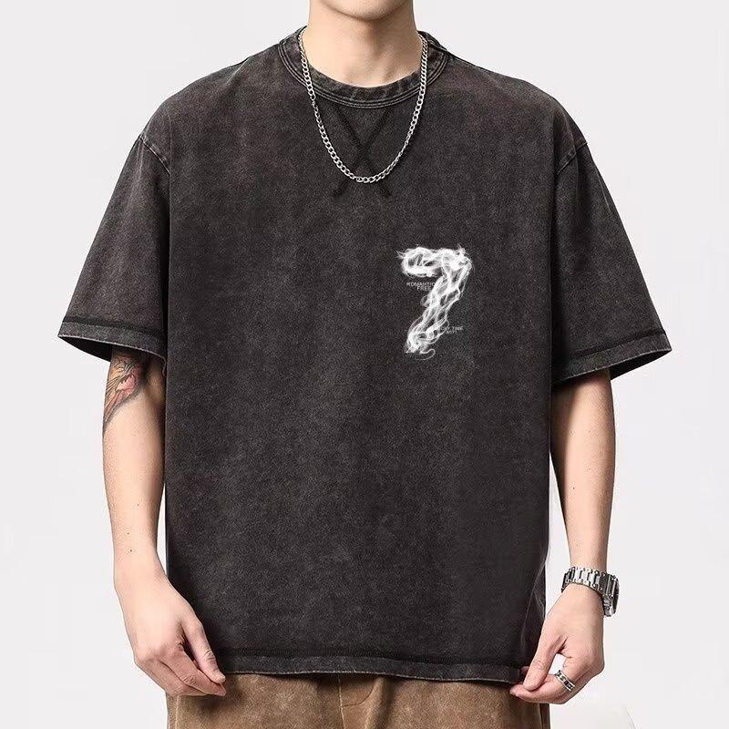 

American Retro Number 7 Printed Short Sleeve T-Shirt for Men, Summer New Heavy Loose Casual Couple Top M сірий колір