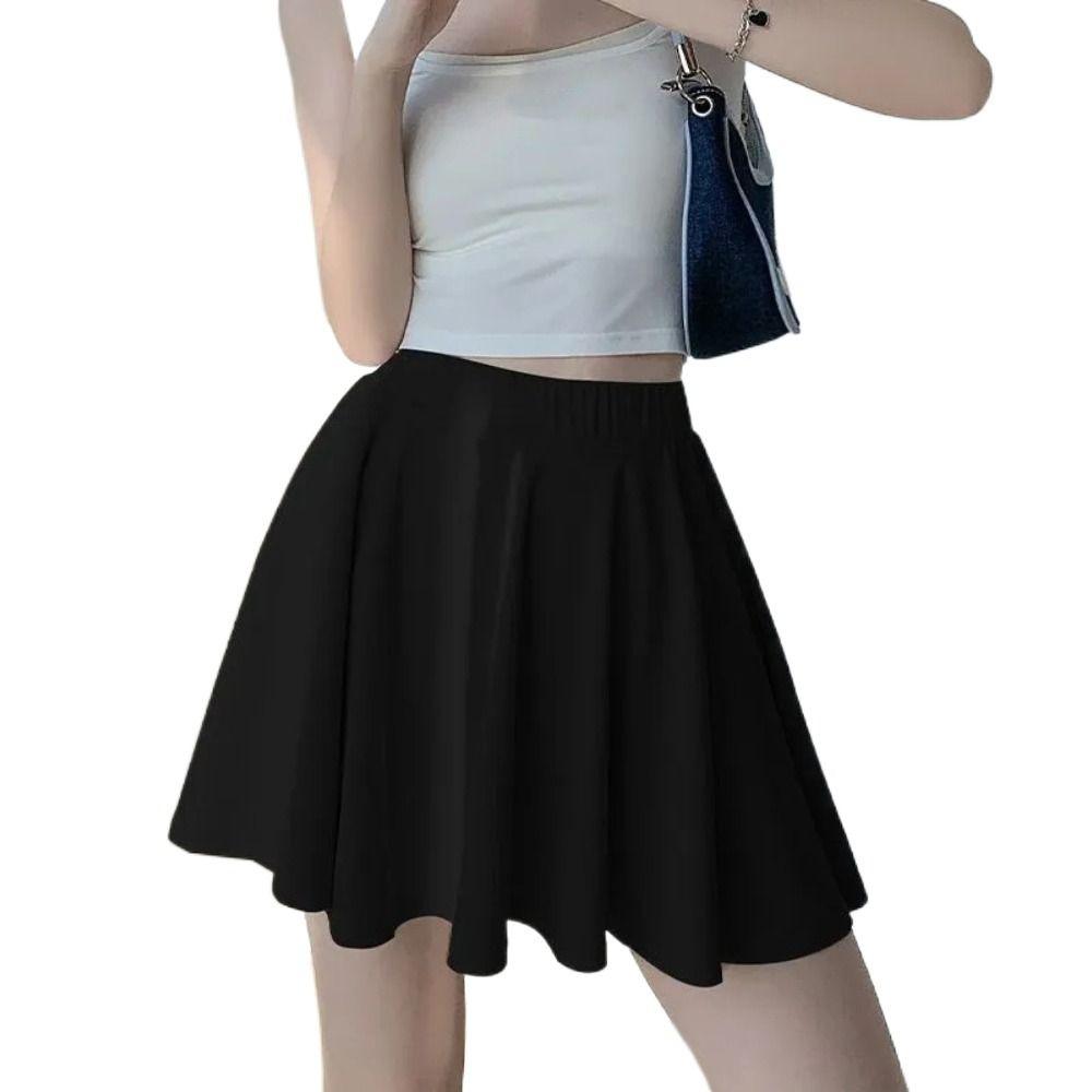 Elastic Waist Skirts with Safty Pants Ice Silk A-line Mini Skirt Simple Pleated Skirts Women  Girls