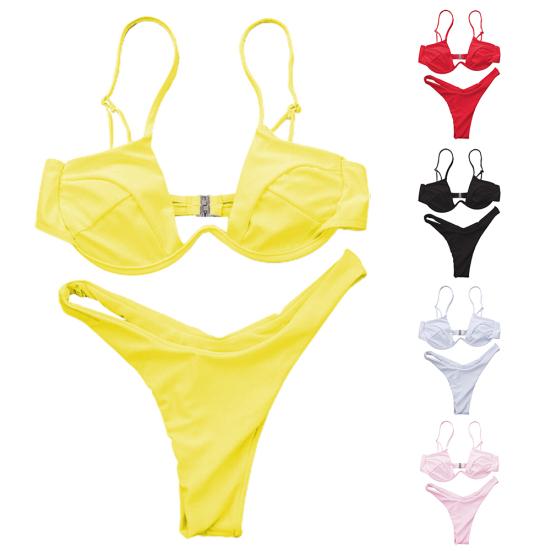 Sexy Women Solid Color Swimsuit Underwired Bra G-string Briefs Beach Bikini Set