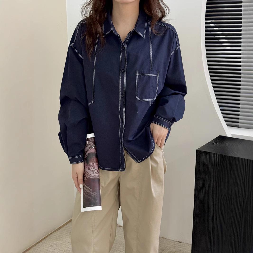 

Spring 2025 Solid Color Exposed Seam Casual Retro Lapel Loose Fit Petite Shirt L бежевый/кремовый