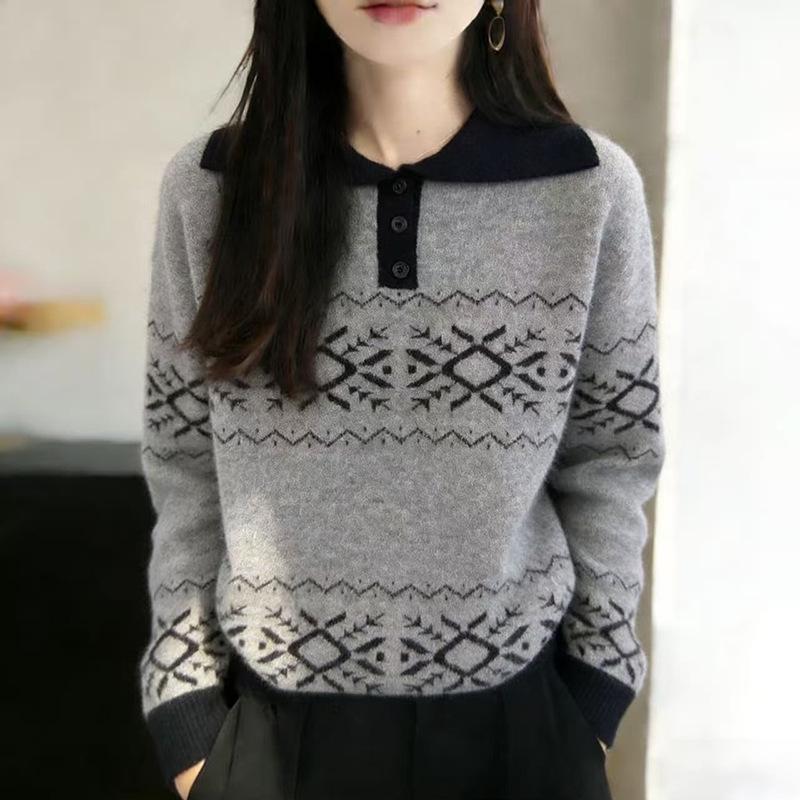 Women's Snowflake Jacquard Wool Sweater - Loose Button-Up Pullover for Spring/Autumn