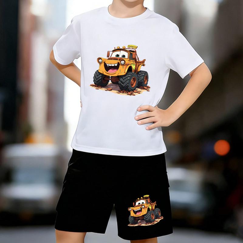 

Boys 2 Piece Cartoon tractor printed outfit, Short Sleeve T-Shirt and Shorts Set for Kids Age 5-14,White, Black Sporty Casual Summer Clothes 13-14 Years білий