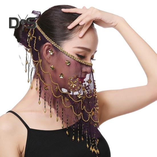Performance Závoj Květina Flitry Korálky Dekor Krajka Břišní tanec Tribal Obličejový Závoj Nastavitelný popruh Indický Dance Závoj Halloween Kostýmový doplněk